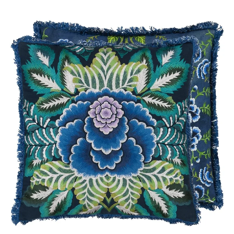 Round Pillows for Boho-Style InteriorsDesigners Guild Rose De Damas Embroidered Indigo Decorative Pillow