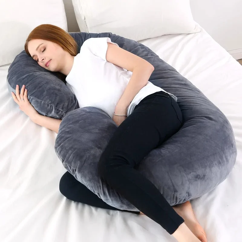 Soft and Fluffy Pillows for Bedroom ComfortC Shape Velvet Stuff Pregnancy Pillow / Sleeping Support Pillow in Grey Color