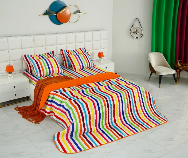 coastal style bedspreads with nautical elements like anchors and stripes for beach - themed rooms6 PCs Bed Spread Set-Multi Stripe(Orange)