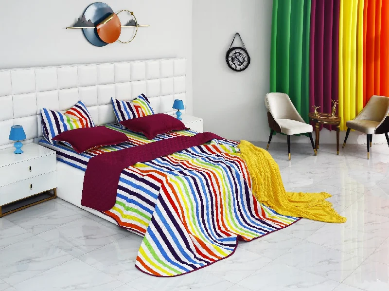 cotton bedspreads for breathability and softness6 PCs Bed Spread Set-Multi Stripe(Plum)