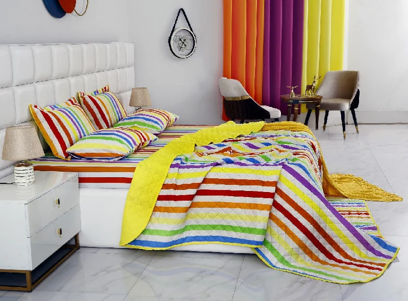 mid - century modern bedspreads with iconic shapes and colors for a stylish space6 PCs Bed Spread Set-Multi Stripe(Yellow)