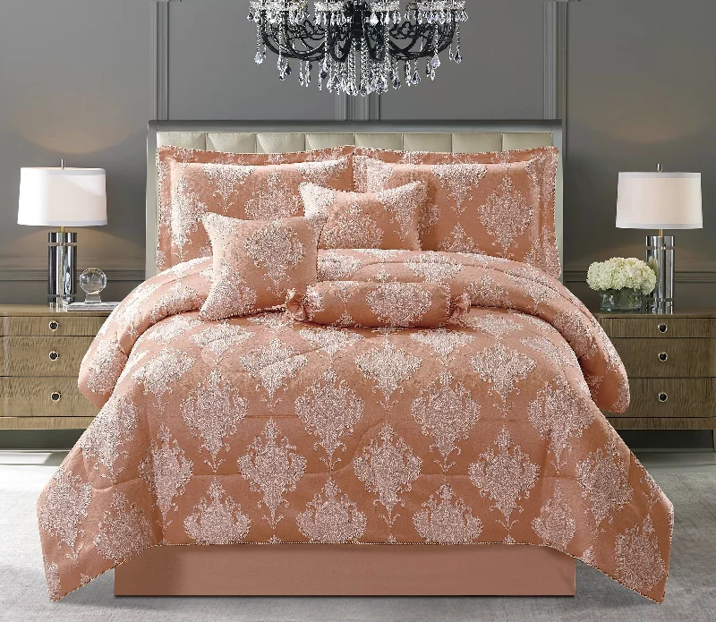 asian - inspired bedspreads with traditional motifs such as cherry blossoms or dragons for a zen atmosphere7 Piece Jacquard Bedding Set Quilted Bedspreads Bed Skirt Pillow Shams & Cushion Covers (Emma Rose)