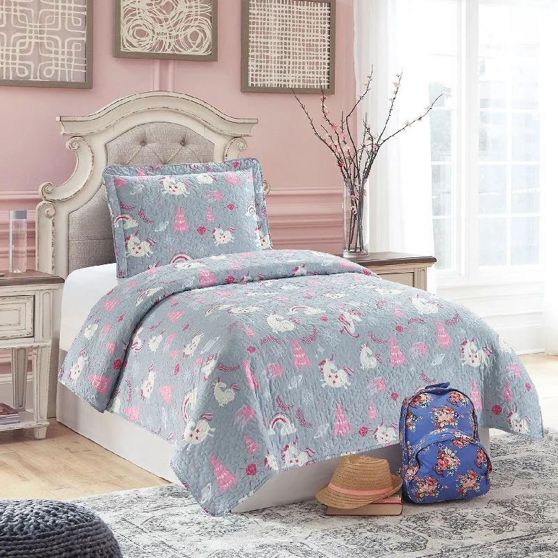 modern minimalist bedspreads for contemporary bedroomsAll American Collection Pink-Grey Unicorn Printed Bedspread Set