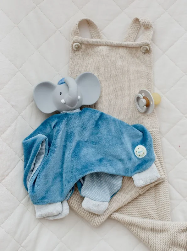 Wool - filled comforters with natural moisture - wicking and temperature - regulating featuresAlvin Elephant Snuggly Teether & Comforter