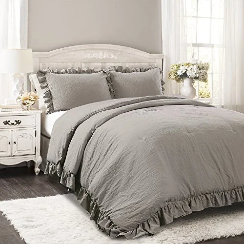 Microfiber - filled comforters that are lightweight and easy to care forLush Decor Reyna Comforter Ruffled 3 Piece Bedding Set with Pillow Shams Full/Queen Gray: Home & Kitchen