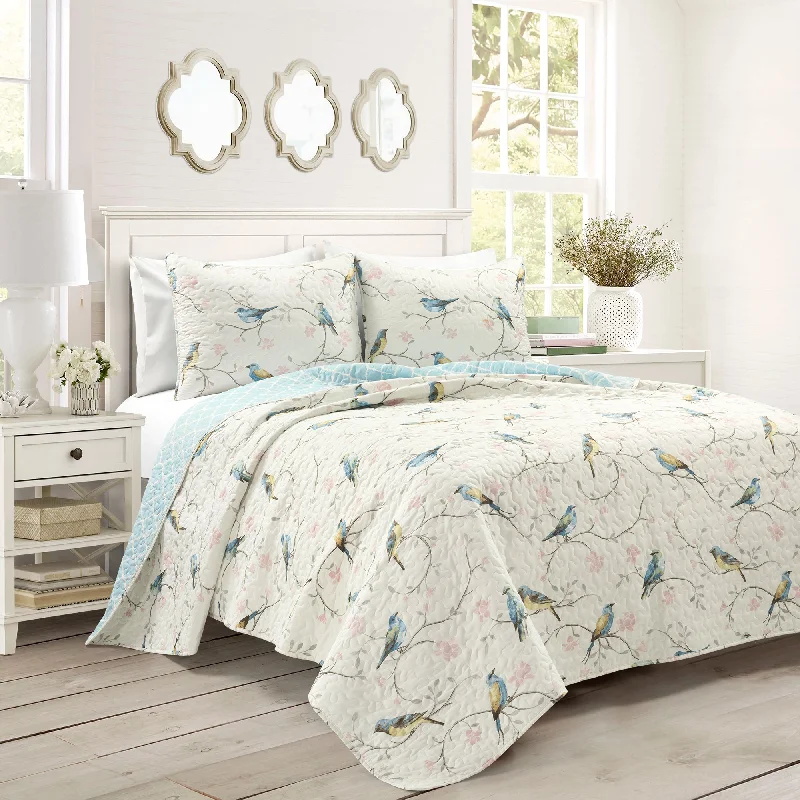 Goose down comforters known for their superior quality and insulationBotanical Bird And Flower Oversized Reversible Quilt Multi 3Pc Set King