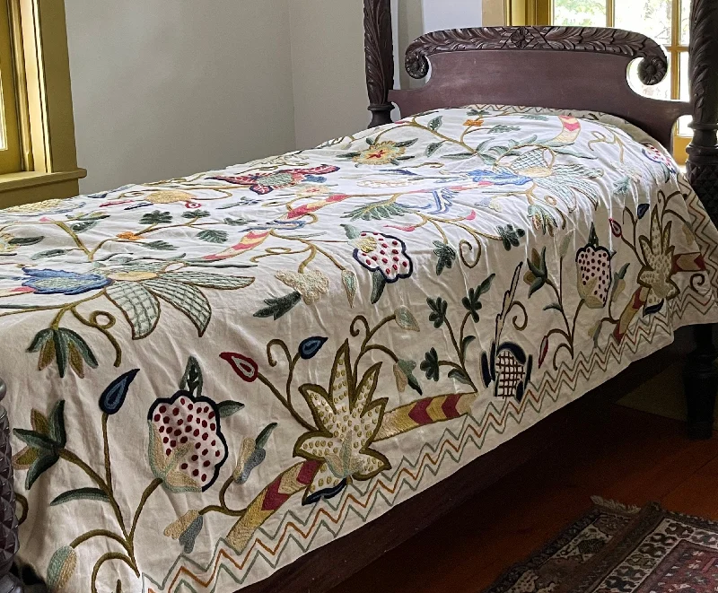 bohemian bedspreads with vibrant colors and patterns for an eclectic decorCotton Crewel Embroidered Bedspread Off-White, Multicolor #FLR1354