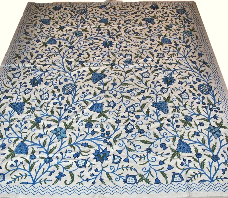 cotton bedspreads for breathability and softnessCrewel Cotton Bedspread "Tree of Life", Blue and Green #DDR1012