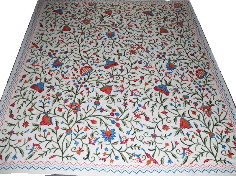 coastal style bedspreads with nautical elements like anchors and stripes for beach - themed roomsCrewel Bedspread "Tree of Life" Off-White, Multicolor Embroidery Kingsize #DDR1101