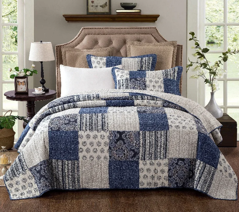 gothic style bedspreads with dark colors and ornate details for a mysterious bedroomDaDa Bedding Bohemian Denim Blue Elegance Patchwork Cotton Bedspread Set (JHW-660)