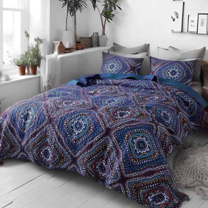 tropical style bedspreads with palm leaves and bright colors for a vacation - like vibeDaDa Bedding Farmhouse Bohemian Native Rustic Navy Blue Geometric Diamond Shapes Bedspread Set (KSX-001)