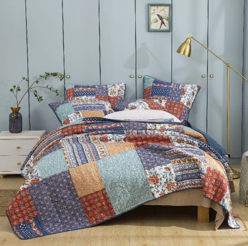 cotton bedspreads for breathability and softnessDaDa Bedding Bohemian Vibes Mediterranean Blue Floral Patchwork Quilted Bedspread Set  (JHW878)