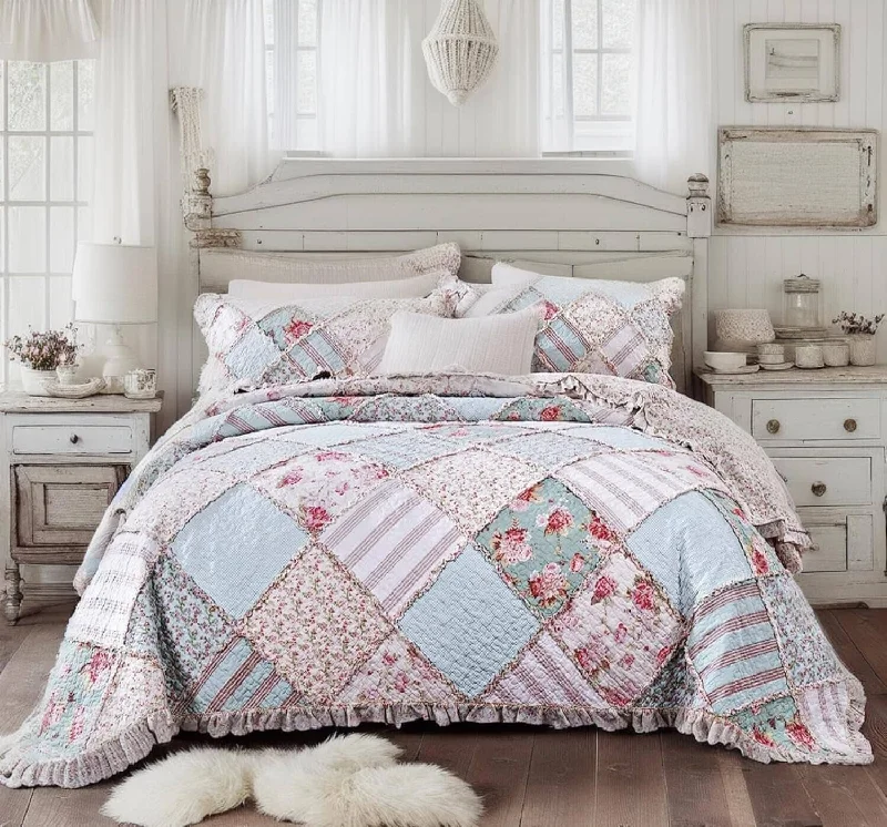 tropical style bedspreads with palm leaves and bright colors for a vacation - like vibeDaDa Bedding Hint of Mint Floral Pastel Cotton Patchwork Ruffle Bedspread Set (JHW-3036)