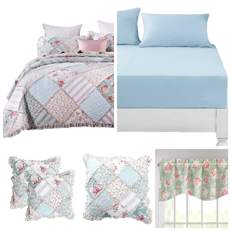 art deco bedspreads with geometric patterns for a retro - inspired bedroomDaDalogy Bedding Bed in a Bag Bundle Set - Hint of Mint Cottage Floral Pastel Patchwork Bedspread Set (JHW3036)