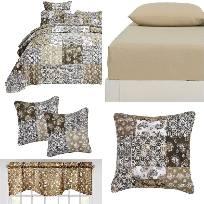 rustic farmhouse bedspreads with patchwork designs for a cozy feelDaDalogy Bedding Bed in a Bag Bundle Set - Bohemian Paisley Dreams Floral Olive Brown Patchwork Bedspread Set (JHW885)