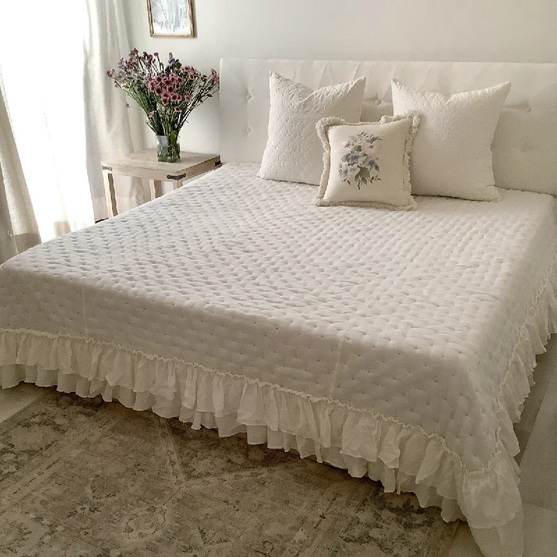 coastal style bedspreads with nautical elements like anchors and stripes for beach - themed roomsEmilia - An Enchanting Ruffled Bedspread - Comes with Two Linen Pillowcases