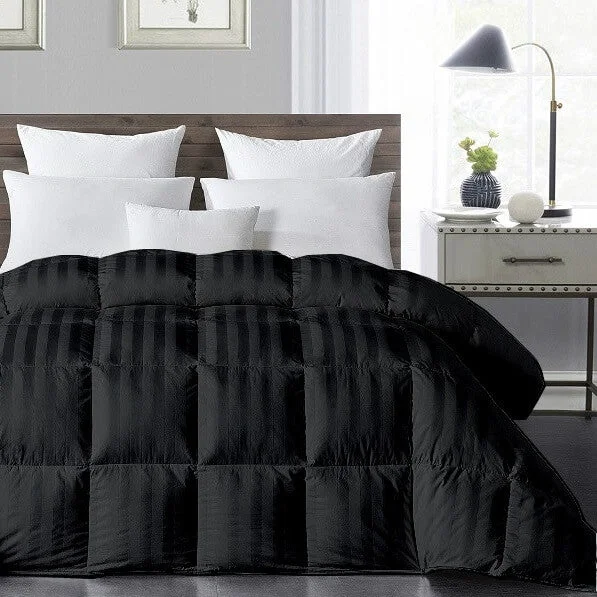 Duck down comforters with a softer feel and good warmth retentionLuxurious 750 Fill Power Black Stripe Down Comforter - 100% Egyptian Cotton Cover