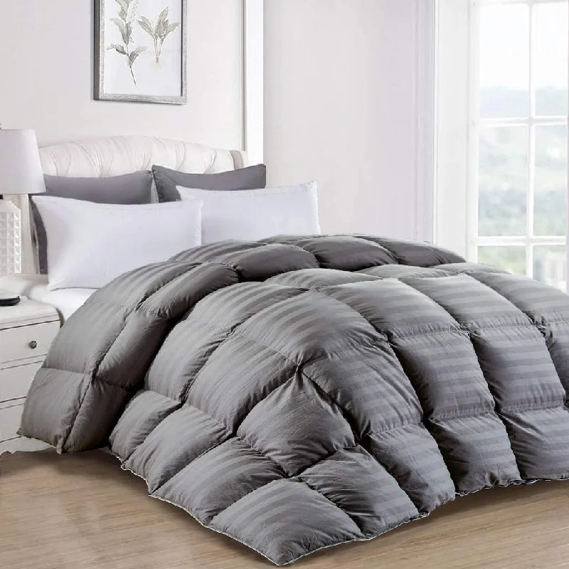 Synthetic - filled comforters like polyester for affordability and hypoallergenic propertiesLuxurious 750 Fill Power Grey Stripe Down Comforter - 100% Egyptian Cotton Cover