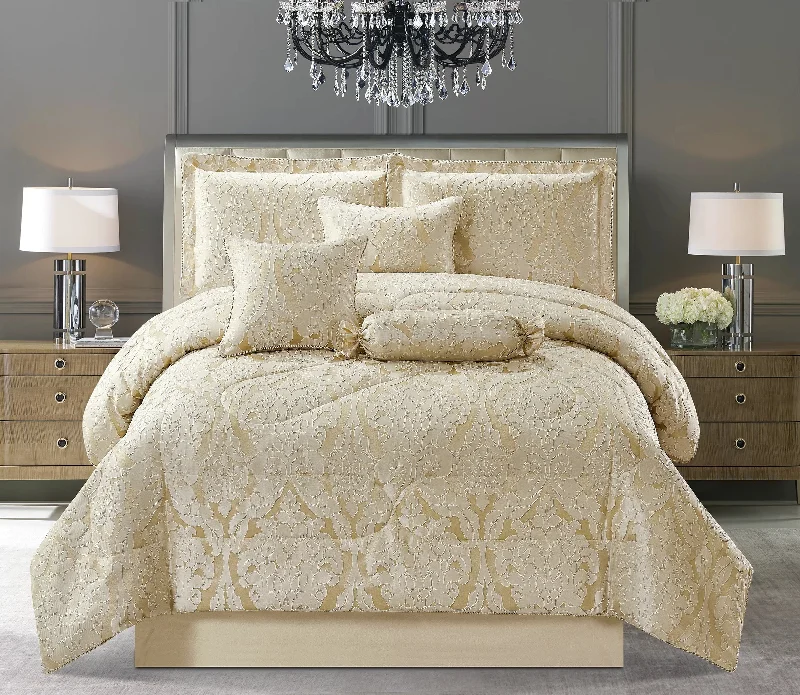 gothic style bedspreads with dark colors and ornate details for a mysterious bedroomJacquard Bedspread 7 Piece Quilted Bedding Set Bed Skirt Pillow shams & Cushion Covers (Lucy Beige)