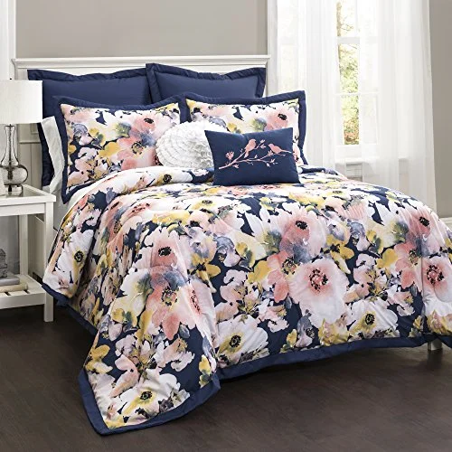 Duck down comforters with a softer feel and good warmth retentionLush Decor 16T000748 Floral Watercolor 7Piece Comforter Set, Full/Queen, Blue: Home & Kitchen