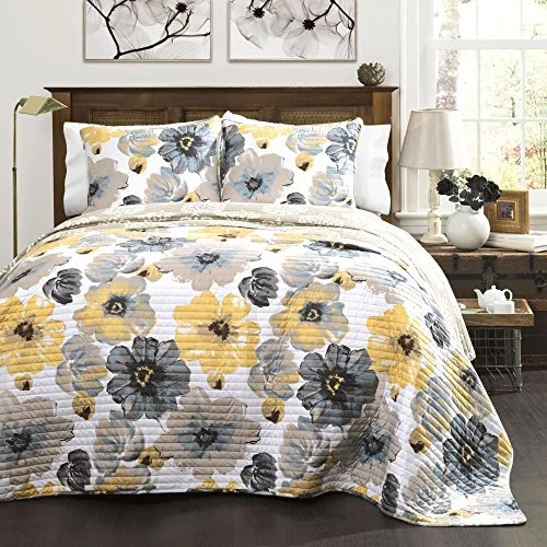 King - size comforters to fit large king - sized beds perfectlyLush Decor Leah Quilt Floral Yellow and Gray 3 Piece Reversible King Yellow & Gray: Home & Kitchen