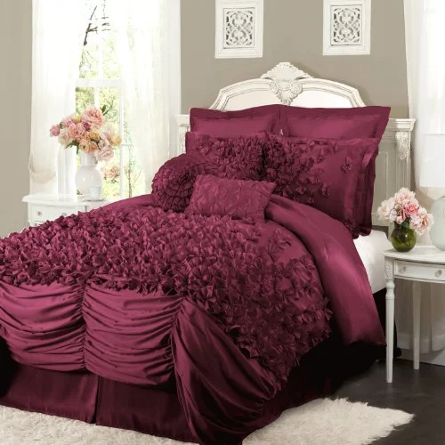 Duck down comforters with a softer feel and good warmth retentionLush Decor Lucia 4-Piece Comforter Set, California King, Raspberry: Home & Kitchen