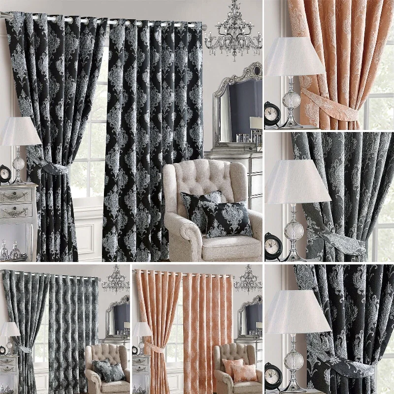 industrial style bedspreads with a rugged look for urban loftsLuxe Jacquard Curtains – Ready Made, Fully Lined, Ring Top Eyelet Pair with Tiebacks