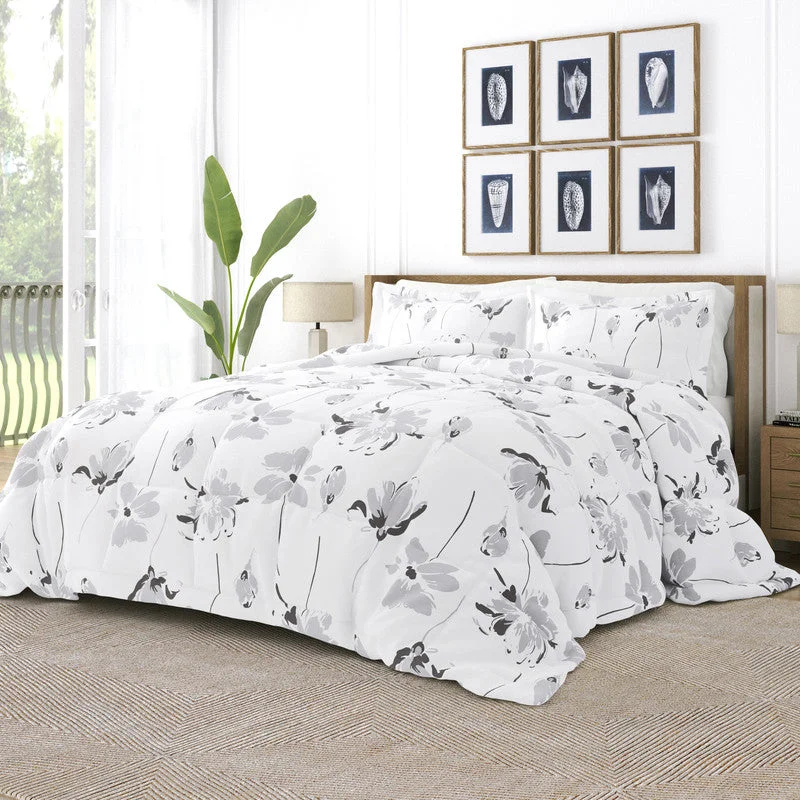 Microfiber - filled comforters that are lightweight and easy to care forMagnolia Light Gray Pattern Comforter Set Down-Alternative Ultra Soft Microfiber Bedding, King/Cal-King