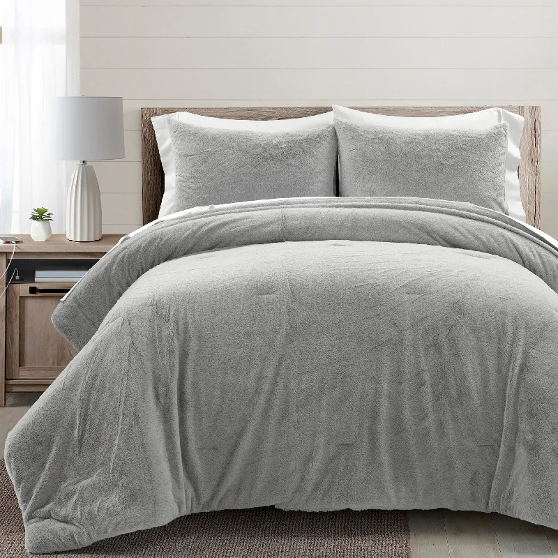 Full - size comforters suitable for full - sized beds in guest rooms or small bedroomsModern Solid Ultra Soft Faux Fur Comforter Light Gray 5Pc Set Twin