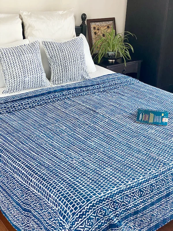 tropical style bedspreads with palm leaves and bright colors for a vacation - like vibeTicking Stripes Kantha Stitch Bedspread